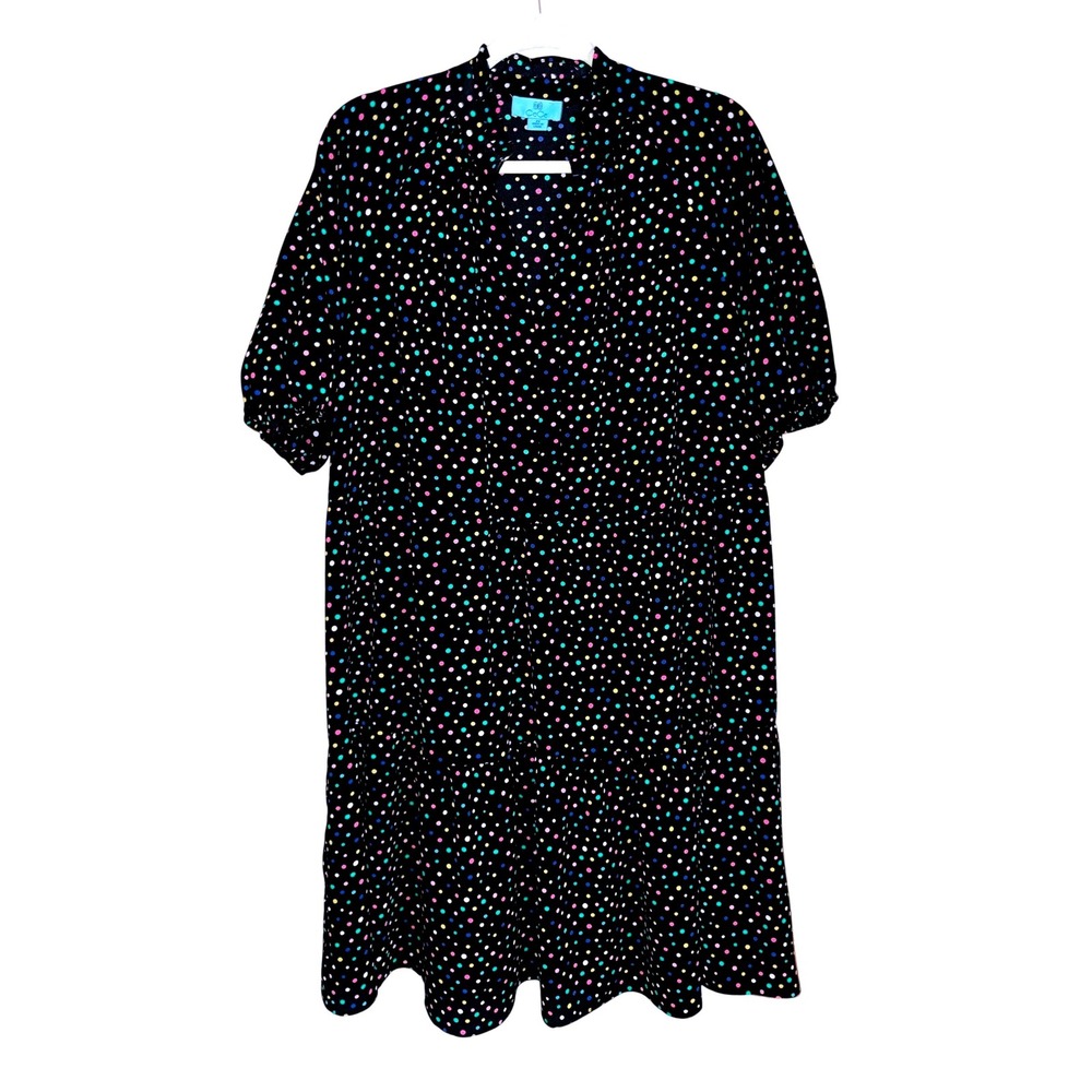 CeCe‎ Women Black Multicolor Polka Dot Mock Neck Tiered Dress Plus Size 2X
